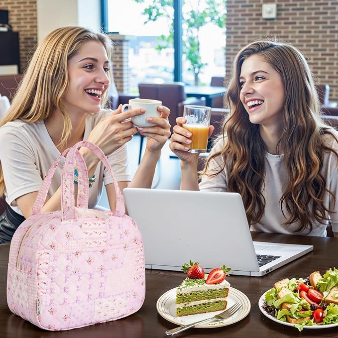 Quilted Lunch Box for Women,Coquette Aesthetic Lunch Box for Teen Girls,Cute Floral Lunch Bags for Work, School,Office,Picnic,Travel (purple pin)