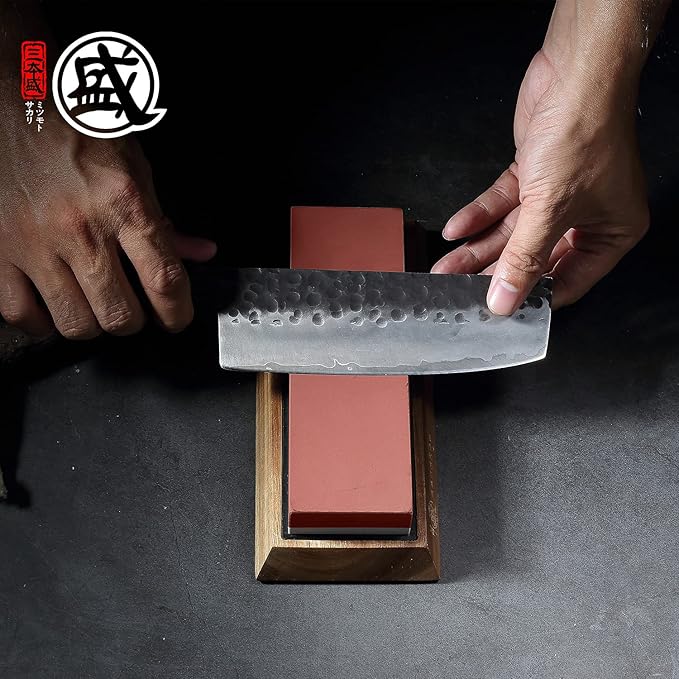 MITSUMOTO SAKARI Japanese Knife Sharpening Stone, Professional Double-Sided Whetstone 1000/3000 Grit, Kitchen Knife Sharpener Stones with Non-Slip Wooden Seat