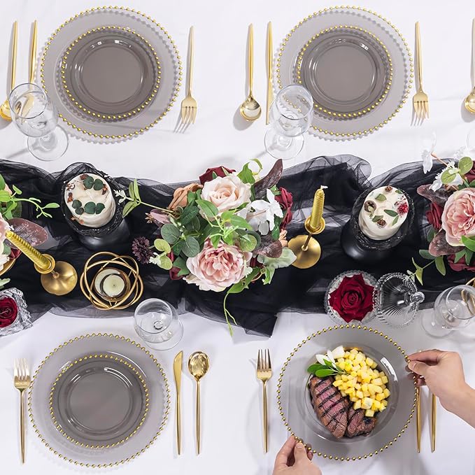 EI 60pcs Clear Black and Gold Plastic Plates Disposable Plates Heavy Duty,10" Dinner & 7" Dessert Clear Black Plate Perfect Wedding,Party,Birthday,Anniversary,Business Events