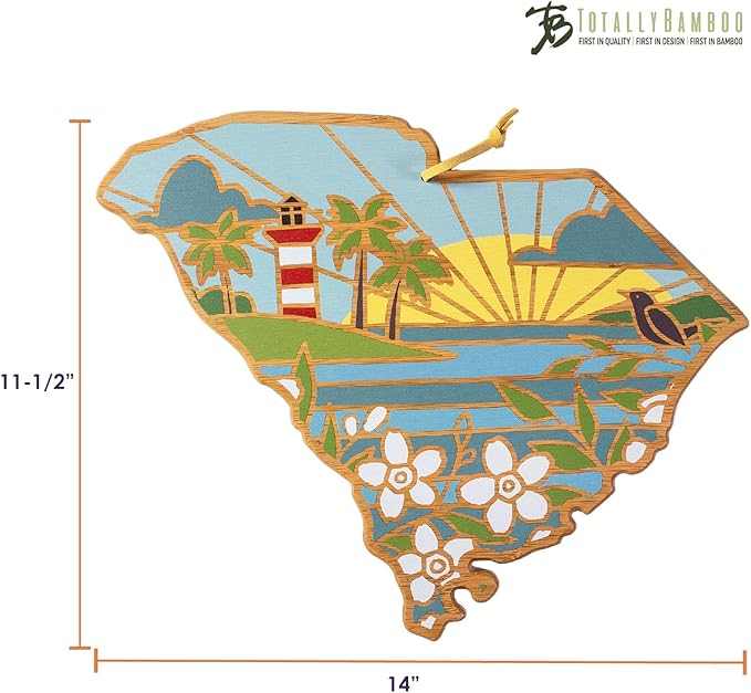 Totally Bamboo South Carolina State Shaped Cutting Board and Charcuterie Serving Platter with Artwork by Summer Stokes, Includes Hang Tie for Wall Display 14" x 11-1/2" x 5/8"