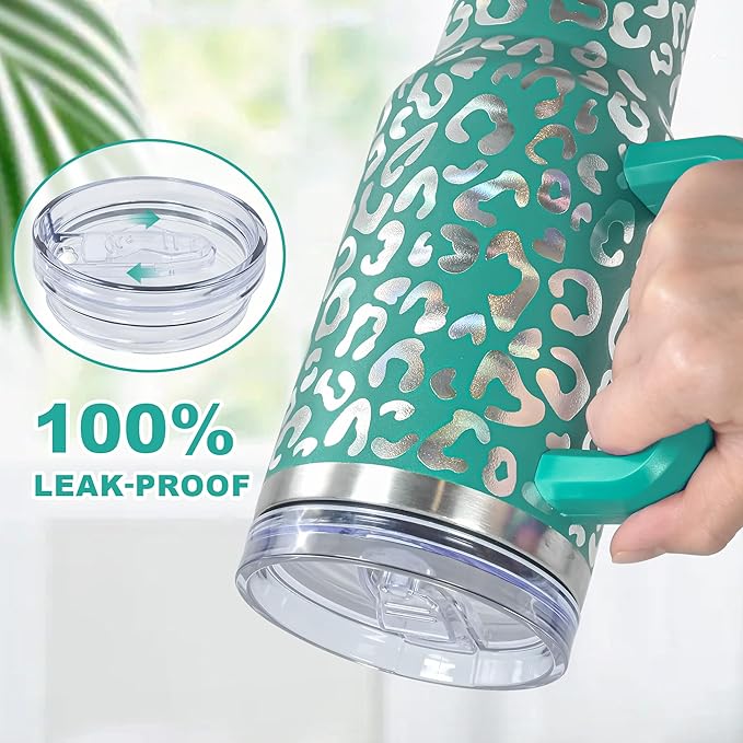 40 oz Tumbler with Handle and Straw, 100% Leak-Proof Travel Mug, Stainless Steel Double Wall Vacuum Insulated Coffee Cup Keeps Cold For 34 Hours, Dishwasher Safe, Green Leopard