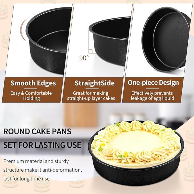 P&P CHEF Non-stick Cake Pan Set of 2, 7 Inch Round Baking Cake Pans Tins for Tier Smash Cakes, Non-Toxic & Solid, Stainless Steel Core & Leak-Proof, 2Pcs