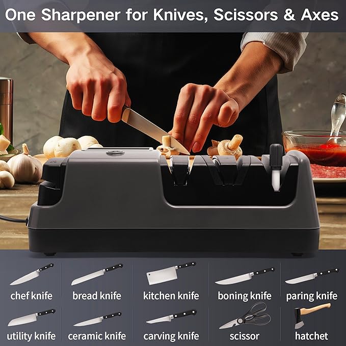 Electric Knife Sharpener for Knives, Scissors, Axes, 5-in-1 Multi-Function Sharpener with Adjustable Speed, 3-Stage Diamond Grinding, Ceramic Polishing Rod, LCD Display