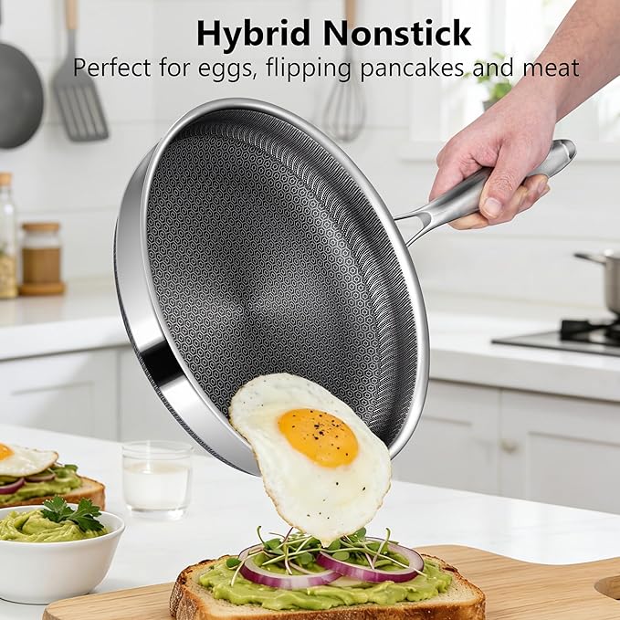 Non Stick Frying Pans, 12-inch Hybrid Frying Pans Nonstick Stainless Steel Skillets, Dishwasher & Oven-Safe, Stay-Cool Handle, PFOA Free Cookware, Compatible with All Cooktops