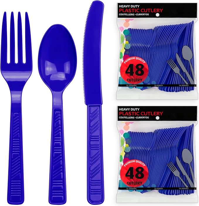 DecorRack Plastic Cutlery Set, Royal Blue Colored Plastic Silverware Sets for Parties, 96 Piece Bulk Heavy Duty Utensils (Royal Blue, 96 Pieces)
