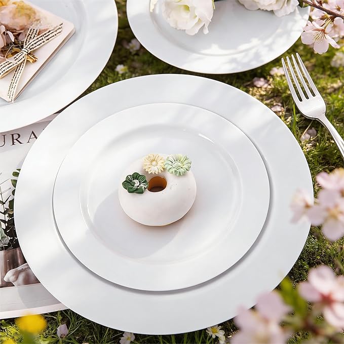 FLOWERCAT 60PCS White Plastic Plates - Heavy Duty White Disposable Plates for Easter Party/Wedding -serve for 30 guests Include 30PCS 10.25" & 30PCS 7.5" Plates for Party