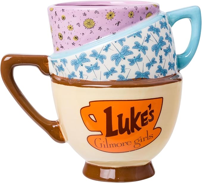 Silver Buffalo Gilmore Girls Stars Hollow Destination Locations: Luke’s Diner, Doose’s Market, and Dragonfly Inn Ceramic 3D Sculpted Stacked Teacup Mug, 20 Ounces