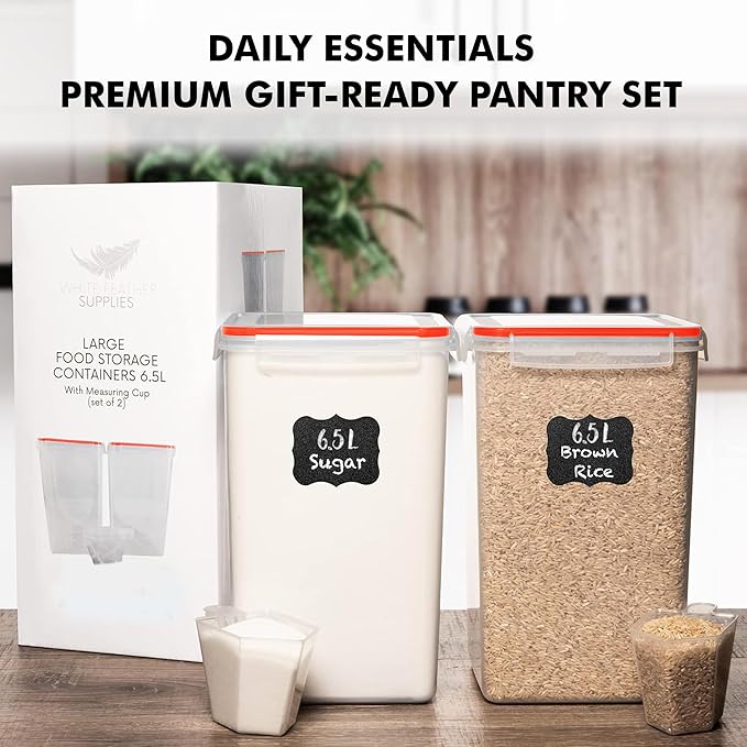 WHITE FEATHER SUPPLIES 2 PC [6.5L / 220 Oz] Large Flour Sugar Storage Containers - Leak Proof, BPA Free, Clear Plastic Food Storage Containers with Lids Airtight - Bulk Storage for Kitchen and Pantry
