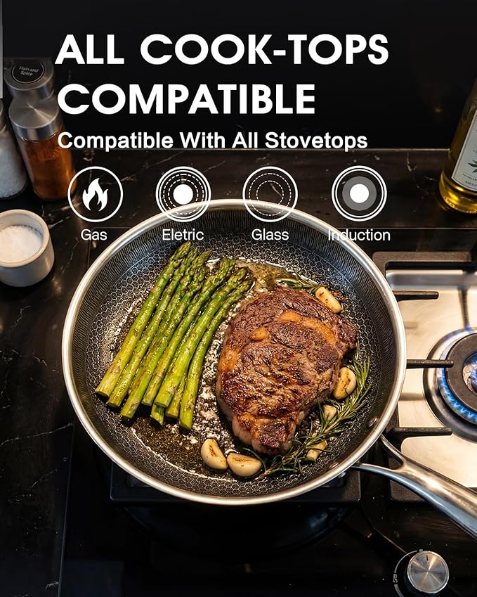 8 Inch Non Stick Frying Pan with Stainless Steel Lid, Hybrid Nonstick Stainless Steel Skillet Stay-cool Handle Dishwasher and Oven-Safe Chef Pan, Induction Compatible Cooking Pan, PFOA Free Cookware