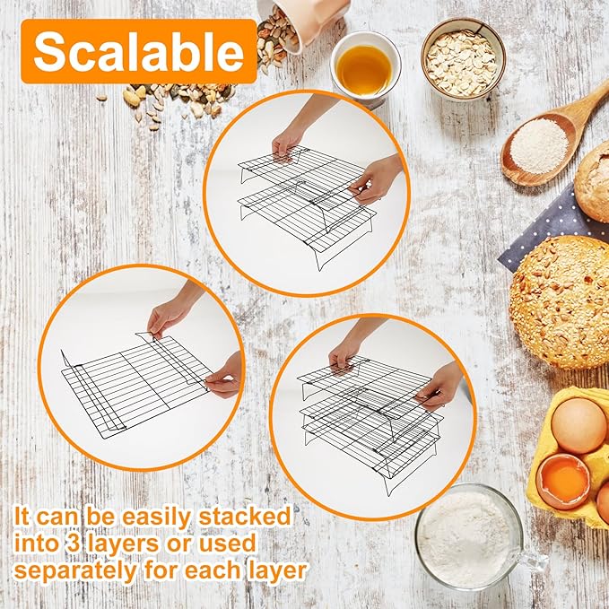 3-Tier Stackable Cooling Rack 13.4x9.4 Collapsible Baking Rack with Non-Stick Coating, Rustproof Heavy Duty Iron Wire Racks for Cooling, Baking, Grilling, Oven & Dishwasher Safe