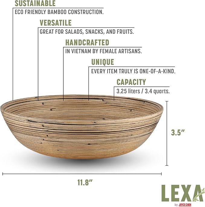 LEXA 12" Handmade Bamboo Salad Bowl – 130 oz Large Wooden Fruit Bowl for Kitchen Counter, Black Bamboo