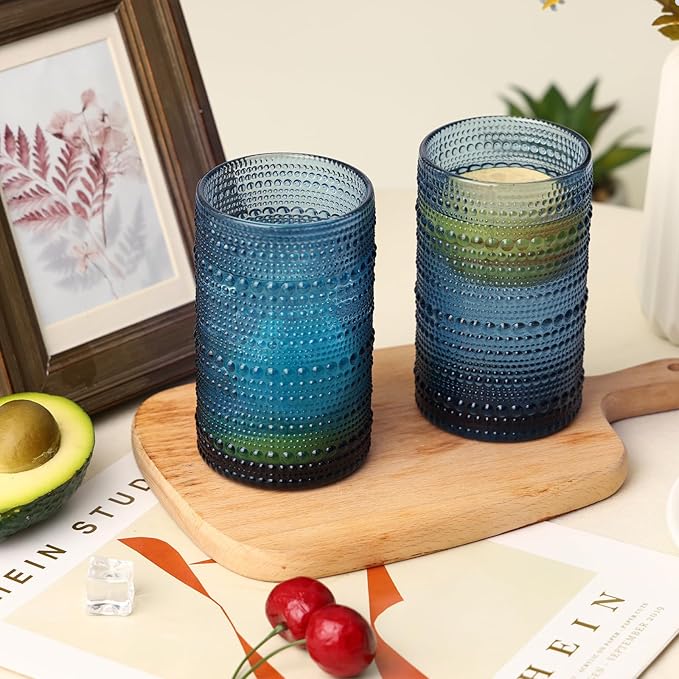 Moretoes Hobnail Drinking Glasses Set of 12,12 Oz Highball Glasses Embossed Boho Water Glass Cups Kitchen Bar Tumbler Glassware Set for Whiskey, Beer