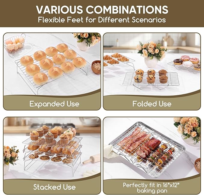 Herogo 5-Tier 15" x 10" Cooling Rack, Stainless Steel Baking Rack for Cookies, Cupcakes, and Pastries, Collapsible Space-Saving Design, Dishwasher Safe, Ideal for Baking, Roasting, and Drying