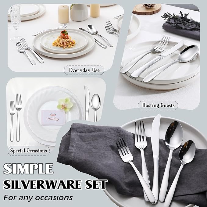 E-far Silverware Set for 8, 40-Piece Heavy Duty Stainless Steel Flatware Cutlery Set - Mirror Polished & Dishwasher Safe, Metal Eating Utensils Includes Spoons and Forks Knives for Home Kitchen
