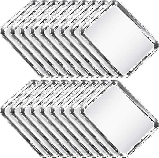 18 Pcs Baking Sheet Pan Set Stainless Steel Cookie Sheet Small Toaster Oven Pans Tray Barbecue Grill Pan Rectangle Trays Oven Freezer Bakery, Non-stick, Easy Clean, 9 x 6.7 x 1 Inches