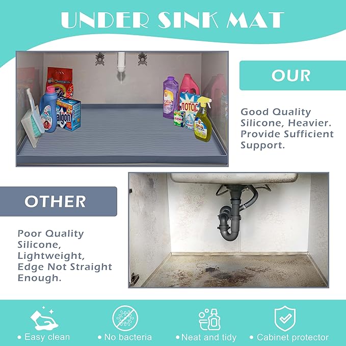 URMONA Waterproof Silicone Under Sink Mat 37'' x 22'' Shelf Liner for Kitchen and Bathroom, Cabinet and Counter Protector, Storage and Organizers, Litter Mat, Pet Cat Puppy Essentials(Green)