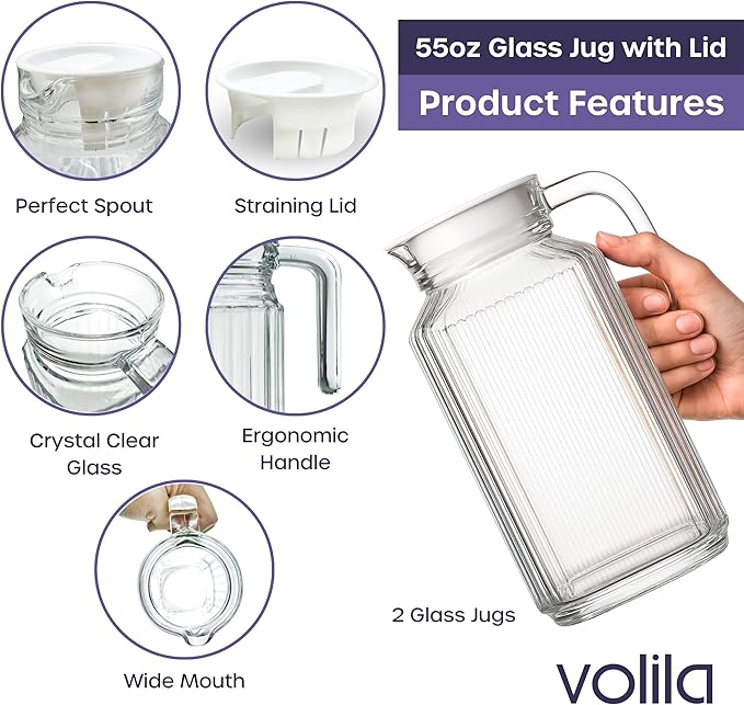 Glass Pitcher with Lid – 2 Pack 55 oz Glass Water Pitcher, Iced Tea Pitcher with Handle, Ribbed Juice Container for Fridge, Glass Beverage Container for Lemonade, Milk, Drinks