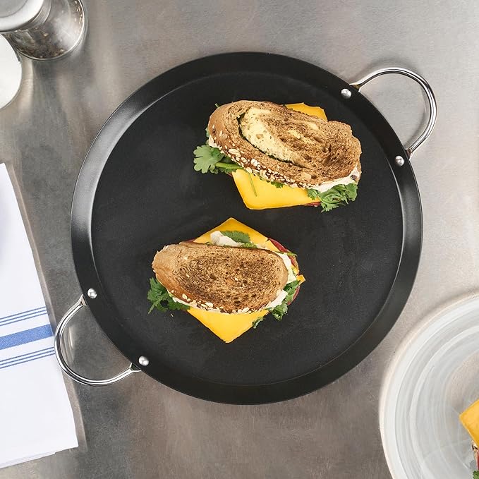 Restaurantware-Met Lux 11.06 Inch Round Griddles With Double Handles, 10 No-Stick Flat Top Grills - Compatible With Open Fire And Gas, Durable, Black Carbon Steel Griddle Pans, Even-Heating