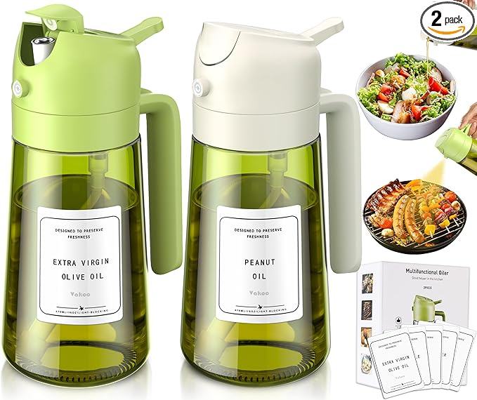 Vakoo 2 in 1 Oil Sprayer and Oil Dispenser for Kitchen - 16oz/470ml Light-Blocking Dark Glass Olive Oil Spray Bottle for Cooking, Air Fryer, Salad & BBQ (Green and White)