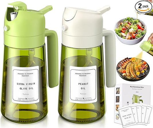 Vakoo 2 in 1 Oil Sprayer and Oil Dispenser for Kitchen - 16oz/470ml Light-Blocking Dark Glass Olive Oil Spray Bottle for Cooking, Air Fryer, Salad & BBQ (Green and White)