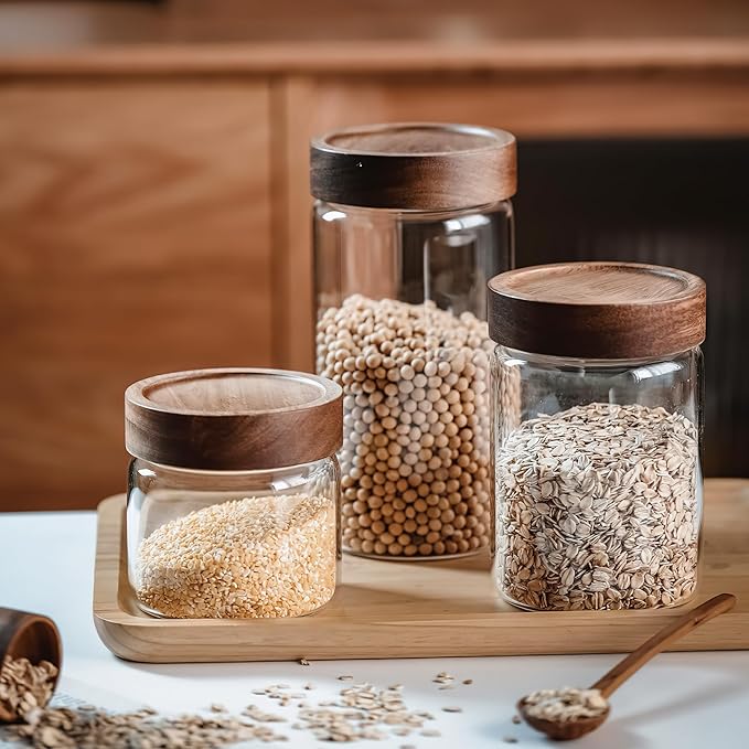 40 oz/1200 ml Clear Glass Storage Canister with Airtight Wooden Screw Lid, Large Tall Cute Decorative Glass Food Container Jar for Coffee,Spice,Candy,Salt,Cookie,Condiment,Pepper,Sugar,Pasta