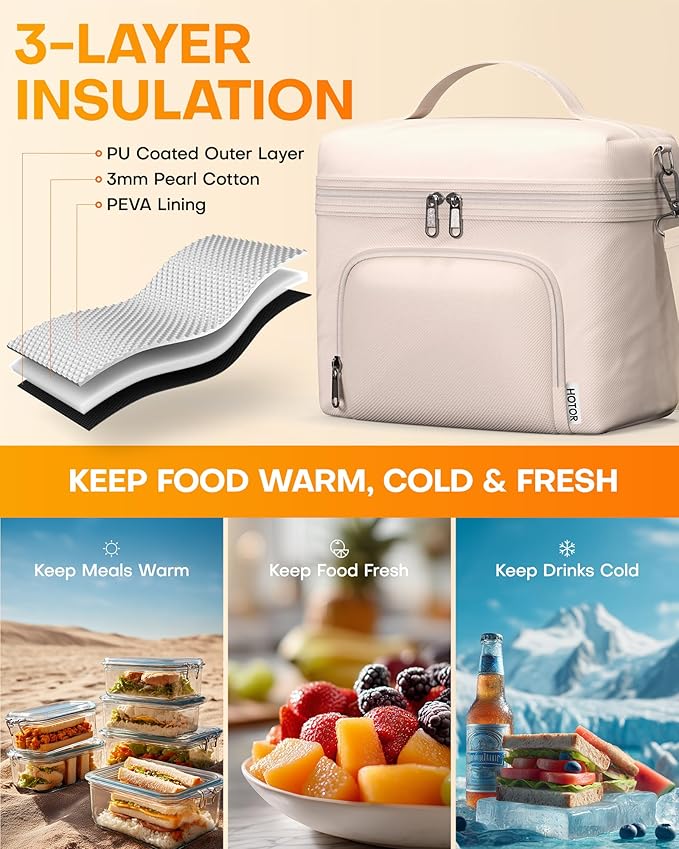 HOTOR Lunch Box for Women - Insulated Lunch Bag with Spacious 8L Capacity, PU Leather Cooler Bag, Water-Resistant & Easy to Clean, Ideal for Work or Everyday Use, Beige, 10.0" x 8.6"x 5.9"
