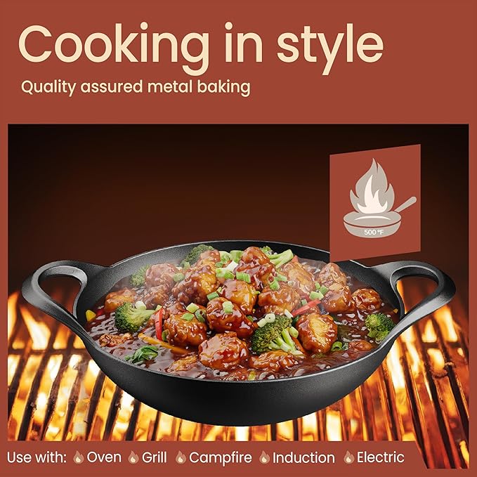 Bakken Pre-Seasoned Cast Iron Wok with Wooden Lid, 14" Stir Fry Pan for Gas, Electric, Induction & Open Fir, Heavy-Duty Flat Bottom Wok with Dual Handles for Even Heating & High-Heat Cooking, 8.8 lbs