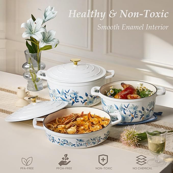CAROTE 7QT Cast Iron Dutch Oven Pot with Lid, Enameled Floral Dutch Ovens with Cotton Potholders & Oven Gloves, Versatile Heavy-Duty Cookware for Sourdough Bread Baking, Braising, Stews, All Stovetop Compatible, Oven Safe up to 500° F, White & Blue