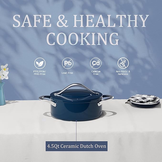 Stock Pot 4.5QT Nonstick Ceramic Dutch Oven Pot with Lid (9.5"x 4") Non-Toxic PFAS-Free Even Heat Distribution, for Braising, Baking Bread & Soups, Compatible for All Cooktops(Induction/Gas/Electric) Oven Safe to 500°F, Navy Blue