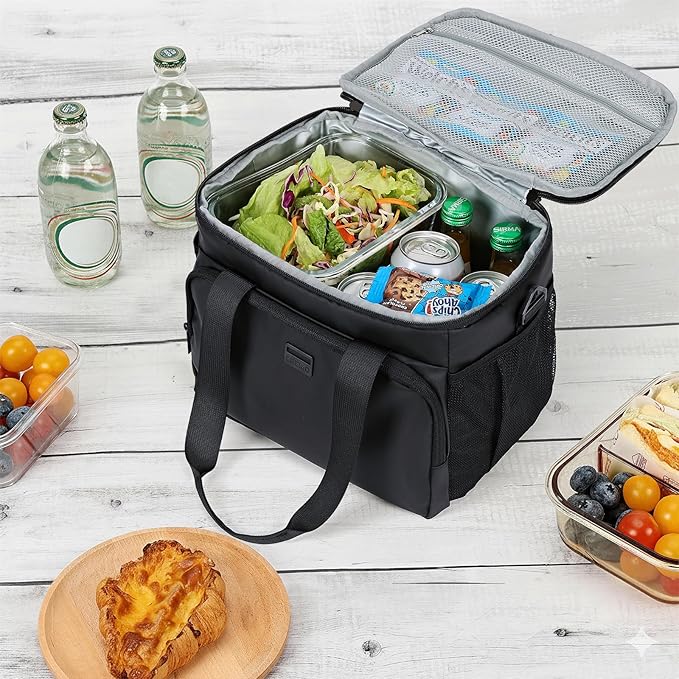ZEEMO Insulated Lunch Bag for Men Women, Cooler with Adjustable Shoulder Strap, Leakproof Box for Work, Picnic, Large Size, Black