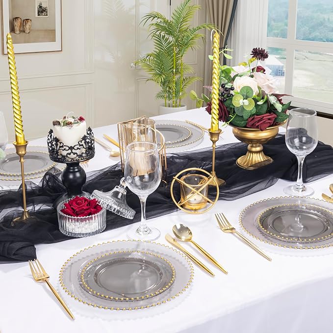 EI 60pcs Clear Black and Gold Plastic Plates Disposable Plates Heavy Duty,10" Dinner & 7" Dessert Clear Black Plate Perfect Wedding,Party,Birthday,Anniversary,Business Events