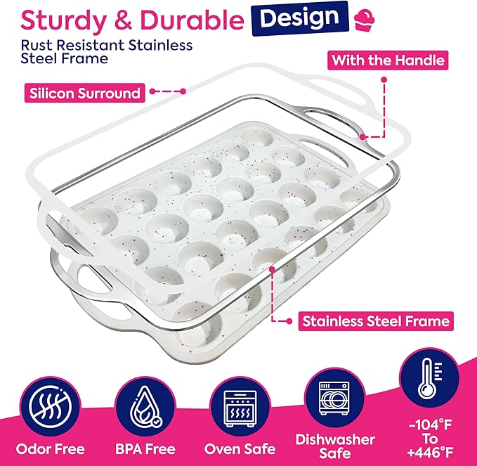 RICCLE 2 Pack Silicone Mini Muffin Pans for Baking with Metal Reinforced Frame, 24-Cup Mini Muffin Pan, Mini Cupcake Pans, Silicone Muffin Pan for Baking Egg Bites - Oven & Dishwasher Safe, BPA-Free