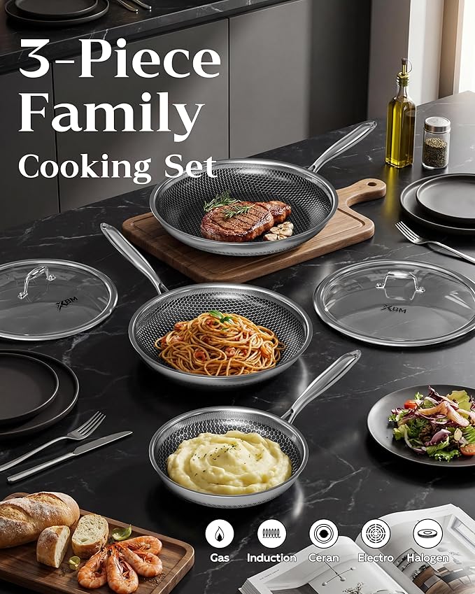 Honeycomb Stainless Steel Nonstick Frying Pan with Lid Set, Induction Cooktop Compatible Skillet, PFOA-Free Scratch-Proof, Dishwasher & Oven Safe, Silver Kitchen Cookware