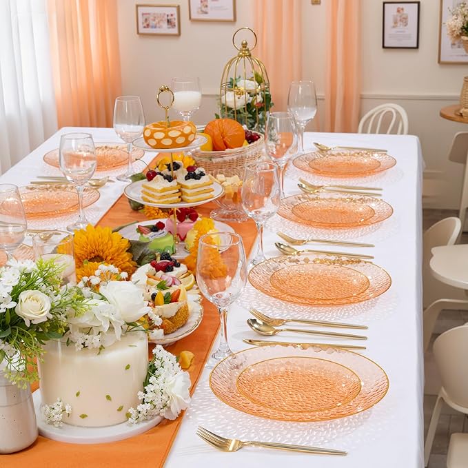 Rubtlamp 100 Pcs Clear Orange Gold Plastic Plates, Hammered Orange Party Plates,Heavy duty Dessert Plates,Disposable Salad/Dessert Platos,Clear Gold Plastic Platos 7 Inch for Party
