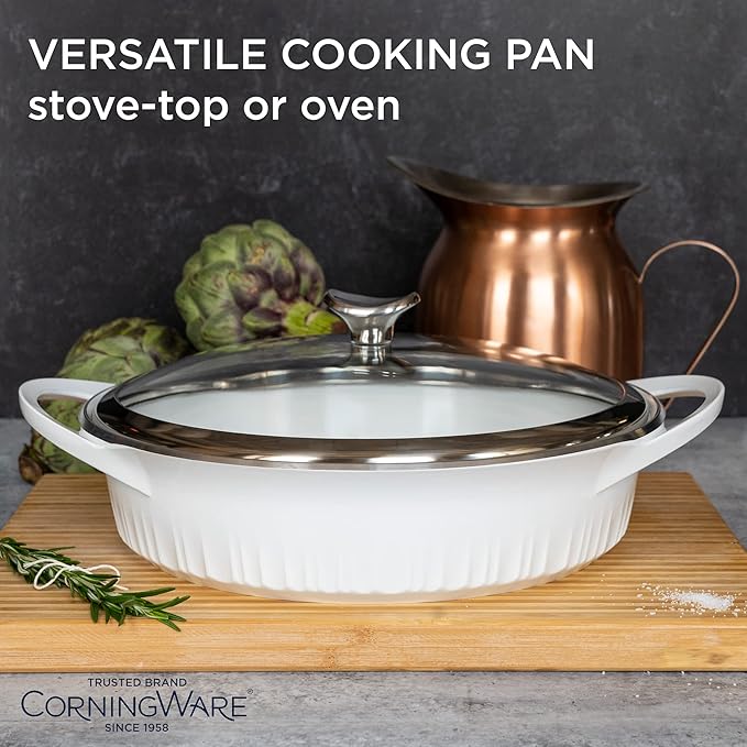 CorningWare QuickHeat 4-QT Cast Aluminum Braiser With Lid, Nonstick Ceramic Interior, Lightweight and Fast Even Heat Baking & Cooking, For Meats, Soup, Browning, Searing, French White