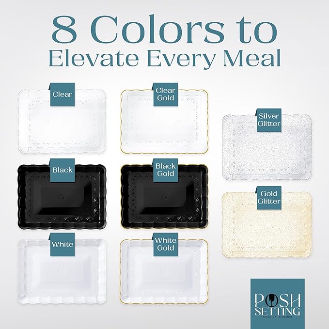 Posh Setting Clear Serving Trays Disposable - Plastic Platters - Plastic Platters and Trays for Party- Clear, Gold & Black, White Serving Dishes, 9x13, 4 Pack