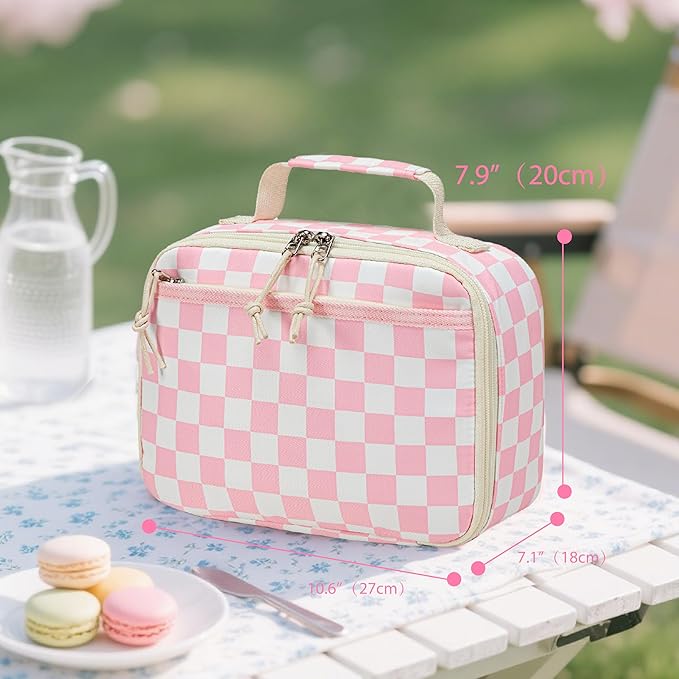 LEDAOU Lunch Box Kids Insulated Lunch Bag Girls Boys Toddler Reusable Lunchbox for School Picnic Hiking (Checkered-Pink)