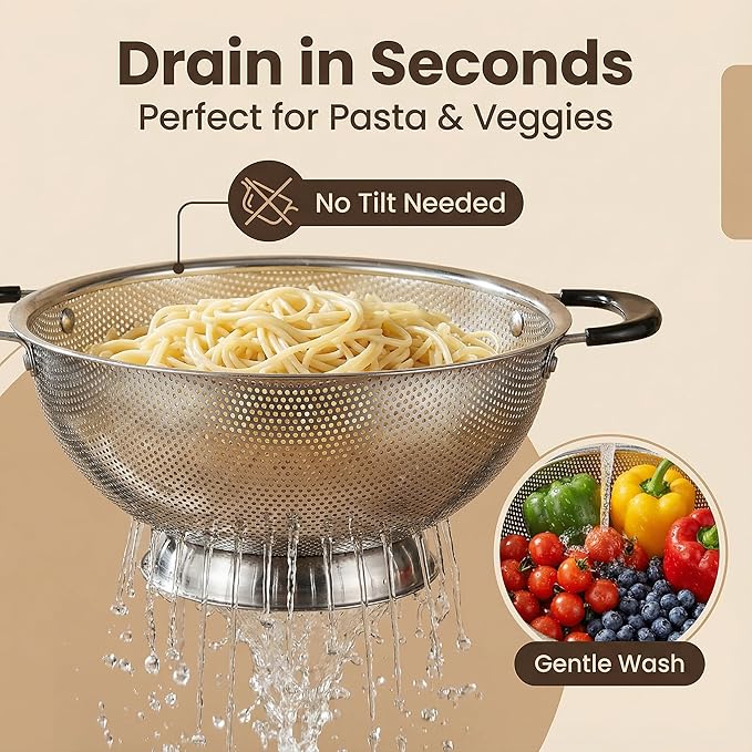 304 Stainless Steel Colander, 3 Quart Micro-Perforated Strainer with Heavy Duty Plastic Handles - Fast Draining Metal Basket for Rinsing Rice, Washing Vegetables, Draining Pasta - Dishwasher Safe