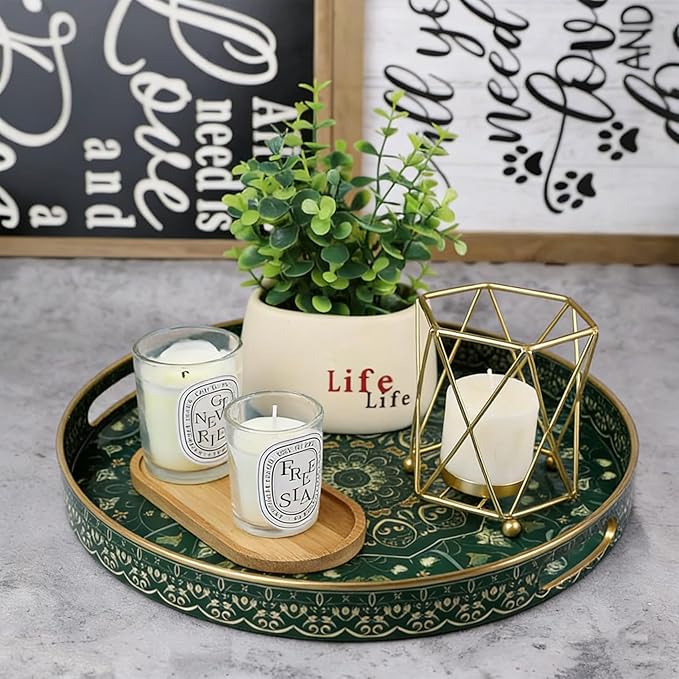 Round Serving Tray with Handles - Large Round Ottoman Tray Coffee Table Tray,Plastic Decorative Trays for Coffee Table,Boho Ottoman Trays for Living Room