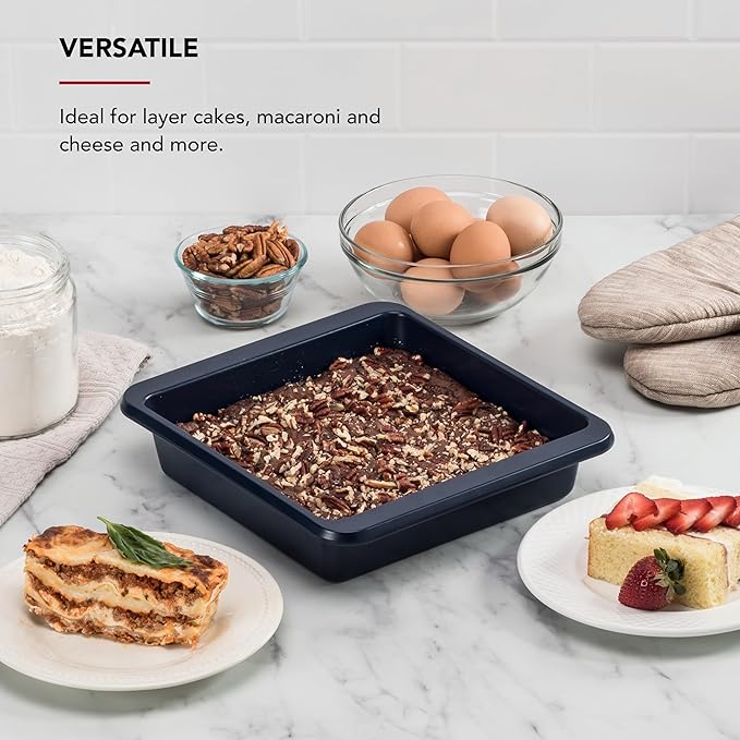 KitchenAid Nonstick Swiss Engineered Aluminized Steel Square Cake Pan, Dishwasher Safe, Ink Blue, 9 Inch