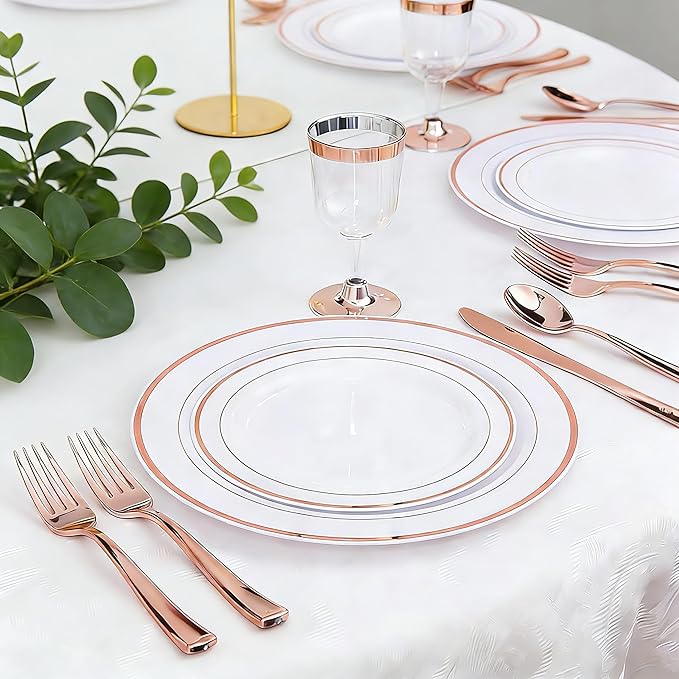 WDF 120 Pieces Rose Gold Plastic Silverware- Disposable Flatware Set-Heavyweight Plastic Cutlery- Includes 40 Forks, 40 Spoons, 40 Knives for Baby Shower Wedding Spring Mother's Day Party