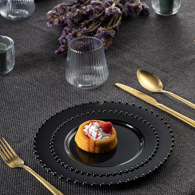 PLASTICPRO 64 Piece Combo Plastic Dinner Plates Disposable Plastic Fancy Heavy Duty Party Dishes 7 inch and 10 inch, Black Beaded