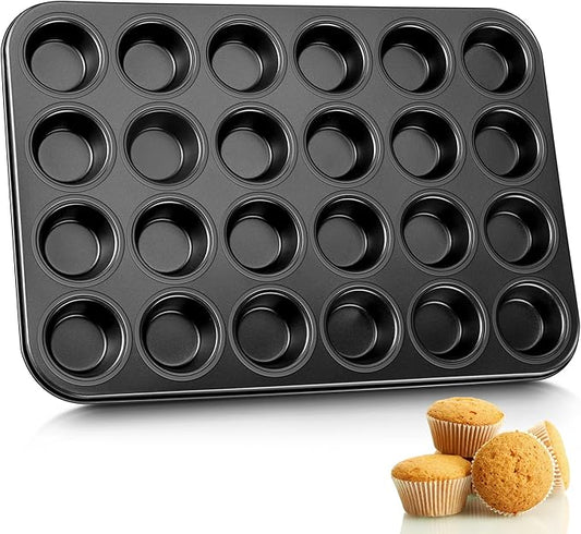 E-far Mini Muffin Pan - 24-Cup Nonstick Carbon Steel Cupcake Tin for Perfect Mini Muffins & Cupcakes, Warp-Free Bakeware for Even Baking & Easy Release, Oven Safe