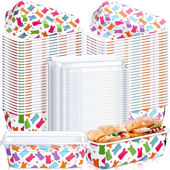 LemonRoad 100 Pcs Easter Bunny Mini Loaf Pans with Lids 6.3 x 2.2 x 2.2 Inch Disposable Paper Baking Pans Bulk, Easter Baby Shower Baking Party Supplies for Cake Bread Oven Bakery