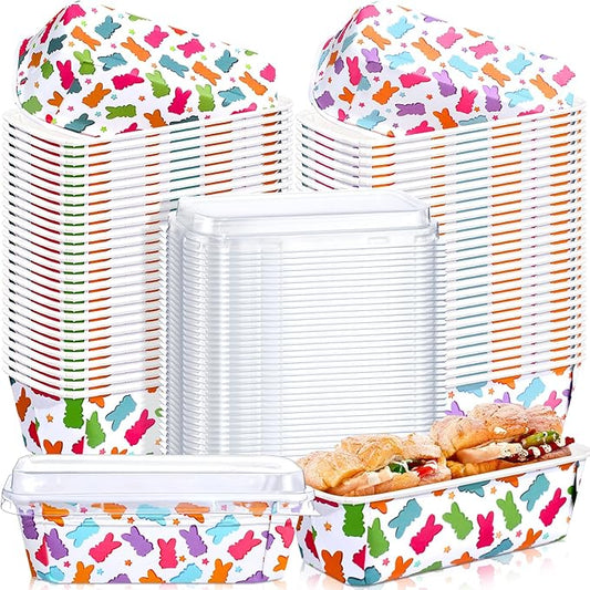 LemonRoad 100 Pcs Easter Bunny Mini Loaf Pans with Lids 6.3 x 2.2 x 2.2 Inch Disposable Paper Baking Pans Bulk, Easter Baby Shower Baking Party Supplies for Cake Bread Oven Bakery