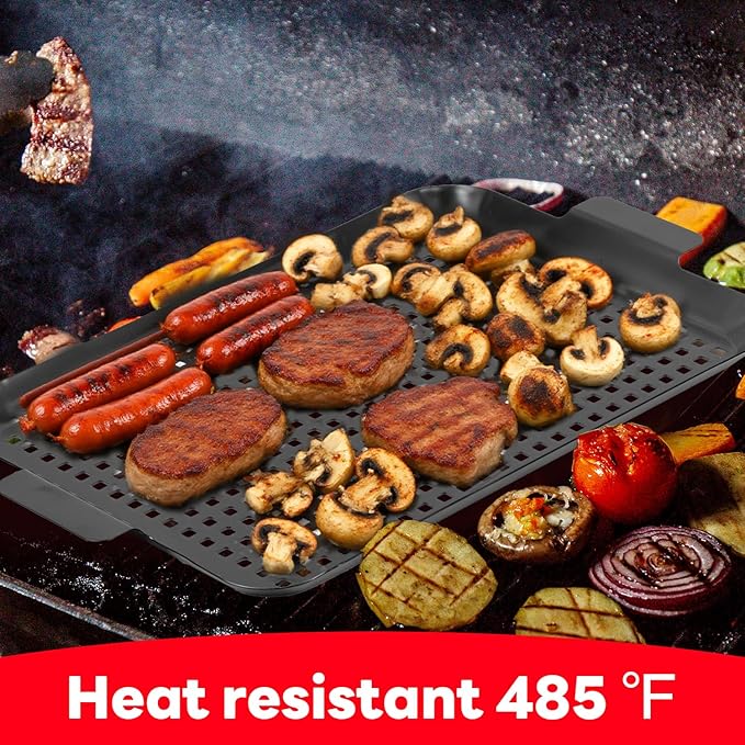 Outdoor Grill Pans Tray Barbecue Plate 2 Grilling Baskets Outdoor Grill Pans with Hole BBQ Grill Tray Grilling Basket Set for Camping Vegetable Meat (dark black)