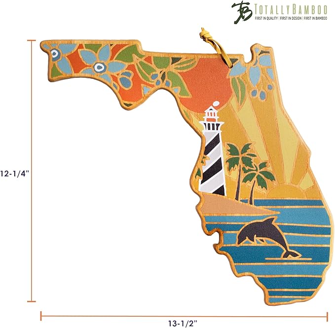 Totally Bamboo Florida State Shaped Cutting Board and Charcuterie Serving Platter with Artwork by Summer Stokes, Includes Hang Tie for Wall Display Varies