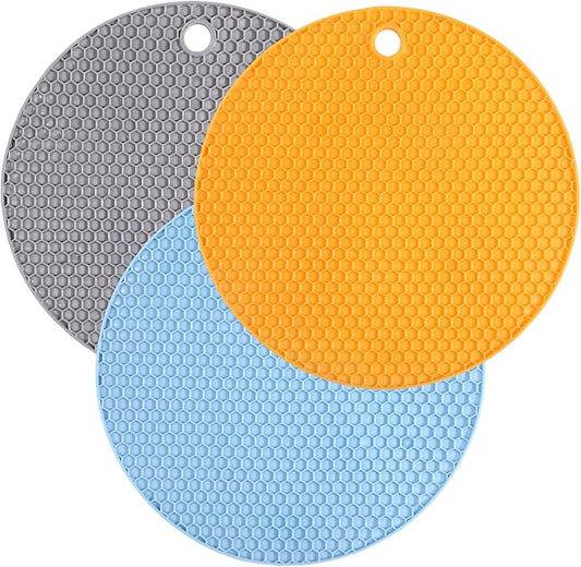 3 Pcs Silicone Jar Opener Pads, Multi-function Texture Can Opener Multipurpose Round Bottle Lid Openers Non-slip Coasters for Weak Hands Arthritis Seniors Children, Orange, Blue, Gray