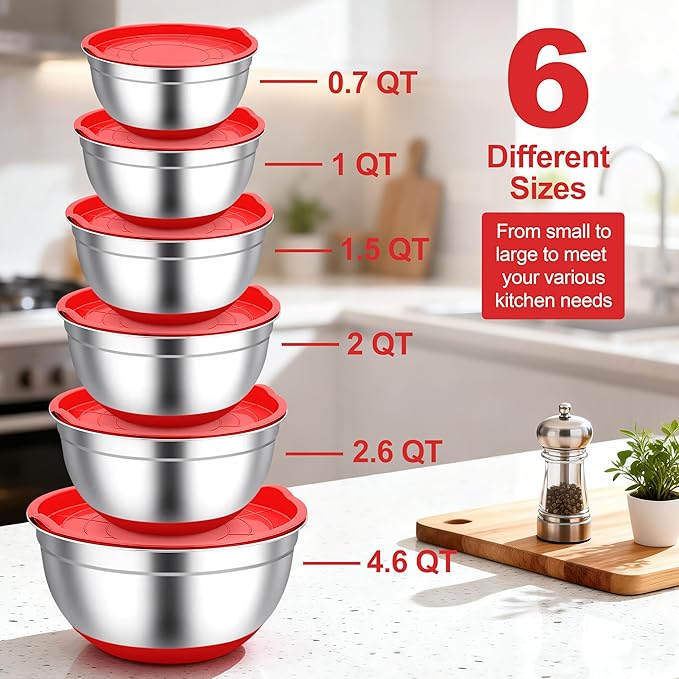 TeamFar Mixing Bowls, Red Mixing Bowls with Lids Set, Stainless Steel Nesting Salad Bowl with Air-tight Lid & Silicone Bottom, Non Slip & Stackable - Set of 6-4.6/2.6/2 / 1.5/1 / 0.7 Qt