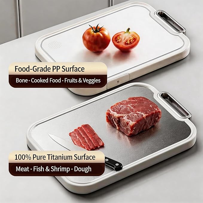 Double Sided Cutting Board – 100% Pure Titanium & Food-Safe PP Surface (17.5"x11.9"x1") – 2-in-1 Chopping Board for Raw Meat and Veggies, with Anti-Slip Feet, Juice Groove, Easy to Clean,Large Size